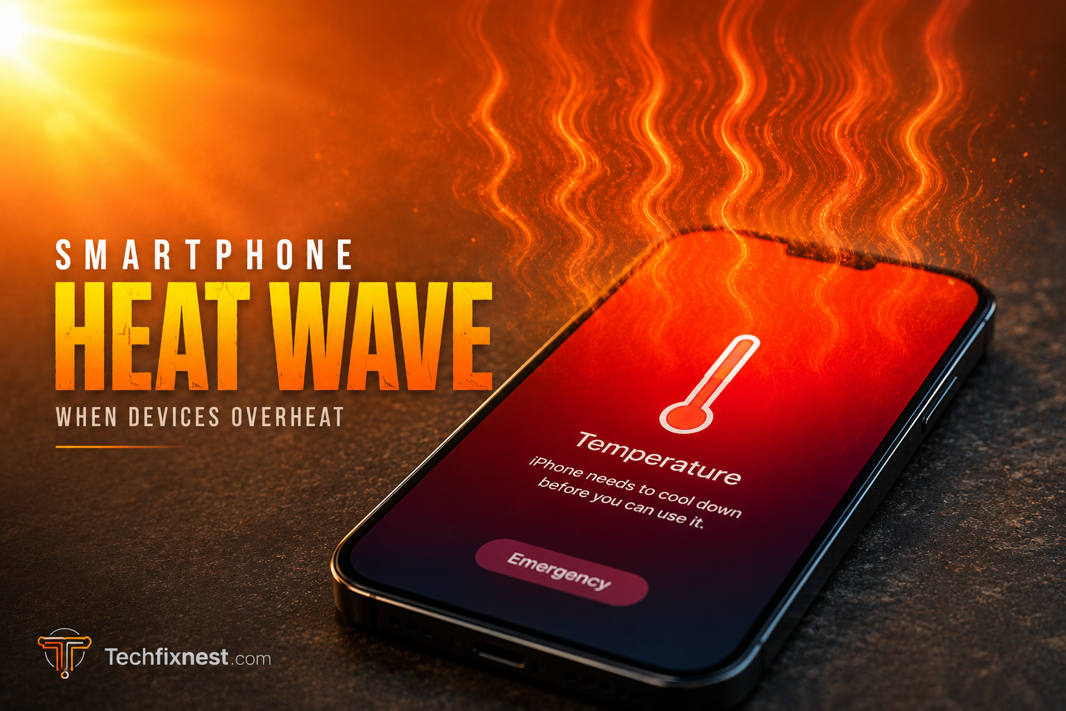 Android phone overheating — glowing red heat illustration