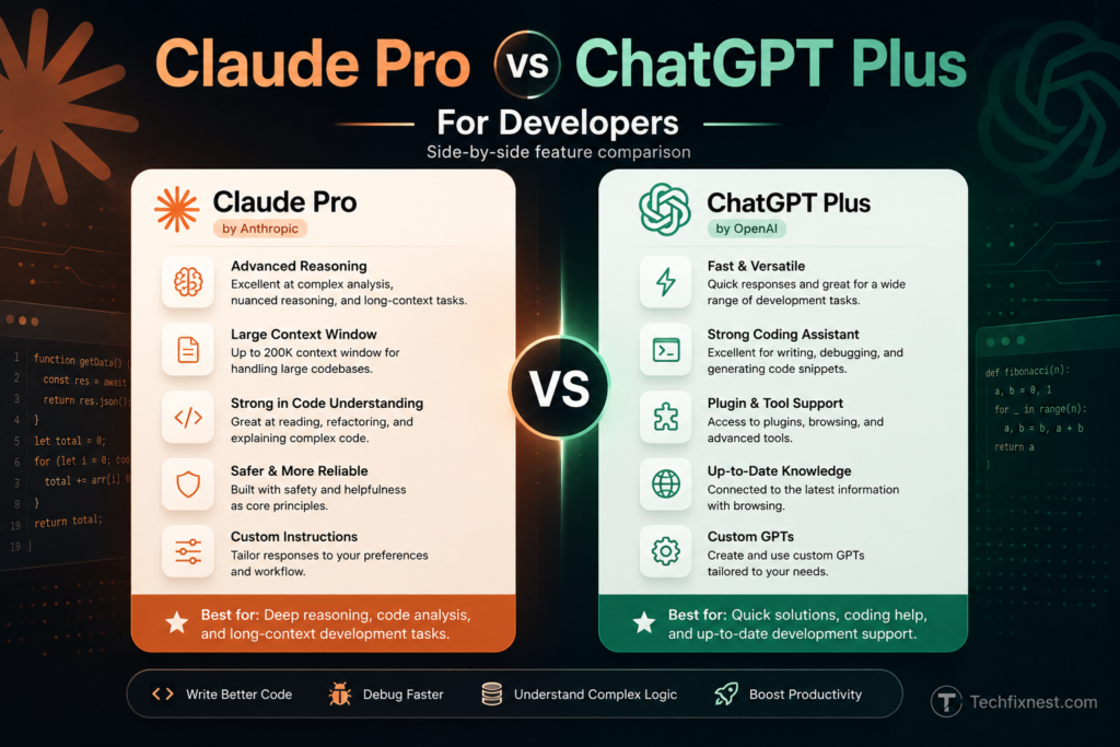 Claude Pro vs ChatGPT Plus feature comparison for developers 2026