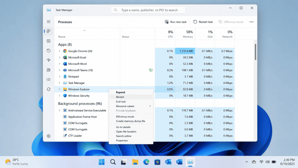 How to restart Windows Explorer in Task Manager to fix Windows 11 taskbar