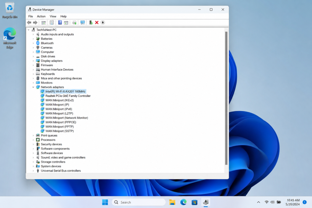 Opening Device Manager on Windows 11 to update drivers