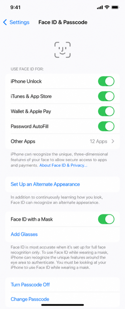Face ID and Passcode settings on iPhone 13 iOS 26