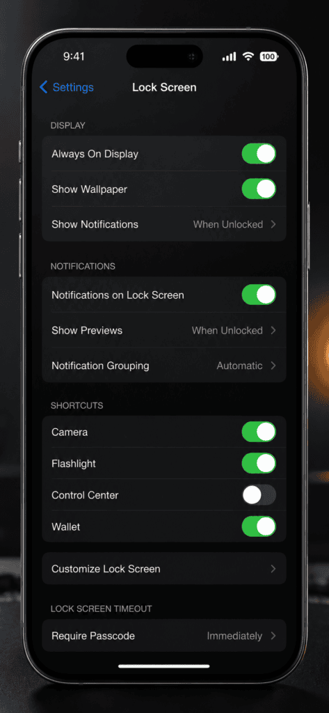 Always On Display toggle off Settings iOS 26