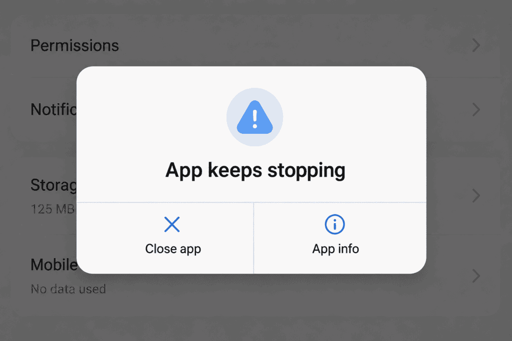 App keeps stopping error message on Android after update