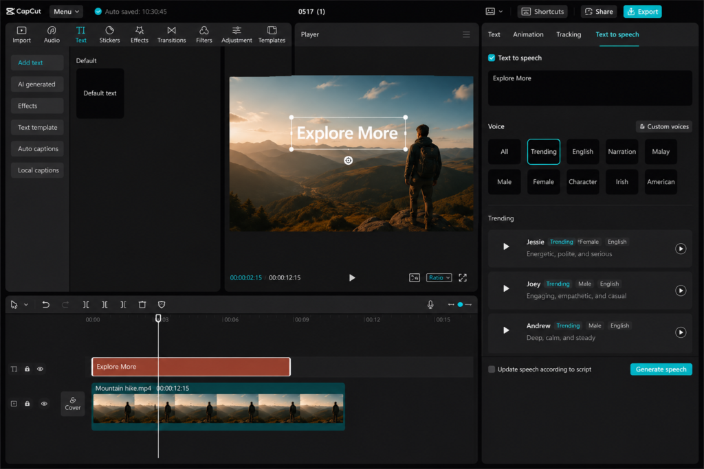 CapCut AI voice generator settings for Reels