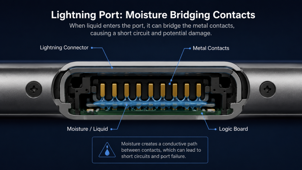 Diagram of water causing false headphone detection in iPhone port
