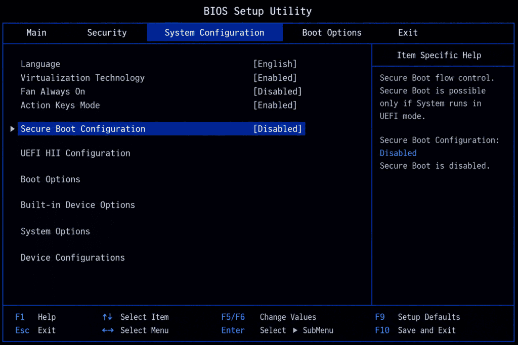 Disabling Secure Boot in BIOS settings to fix Windows 11 BSOD