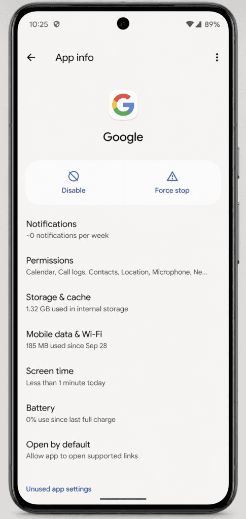 Disabling and re-enabling Google app to fix Android 17 Search widget