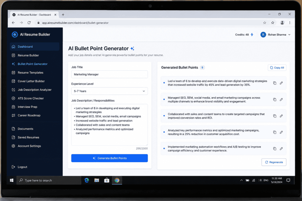 AI resume builder generating bullet points from job title