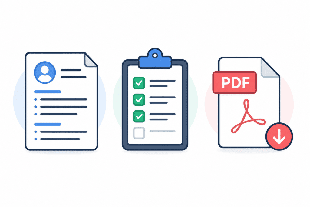 Icons representing resume writing, ATS check, and PDF export