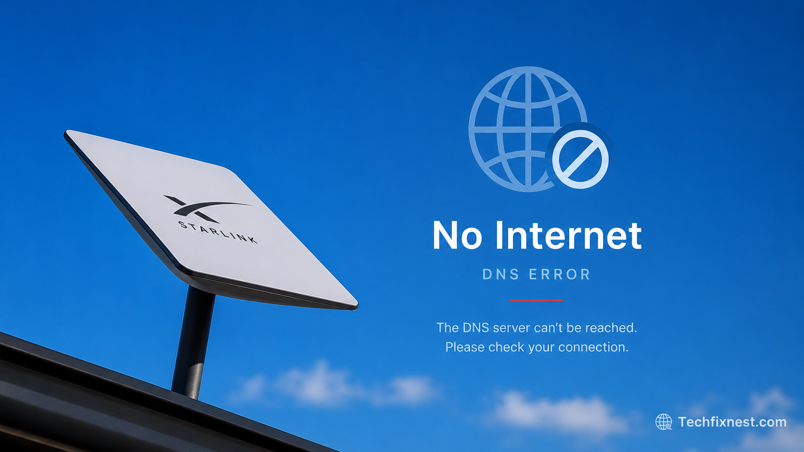 Starlink dish with DNS connection error illustration