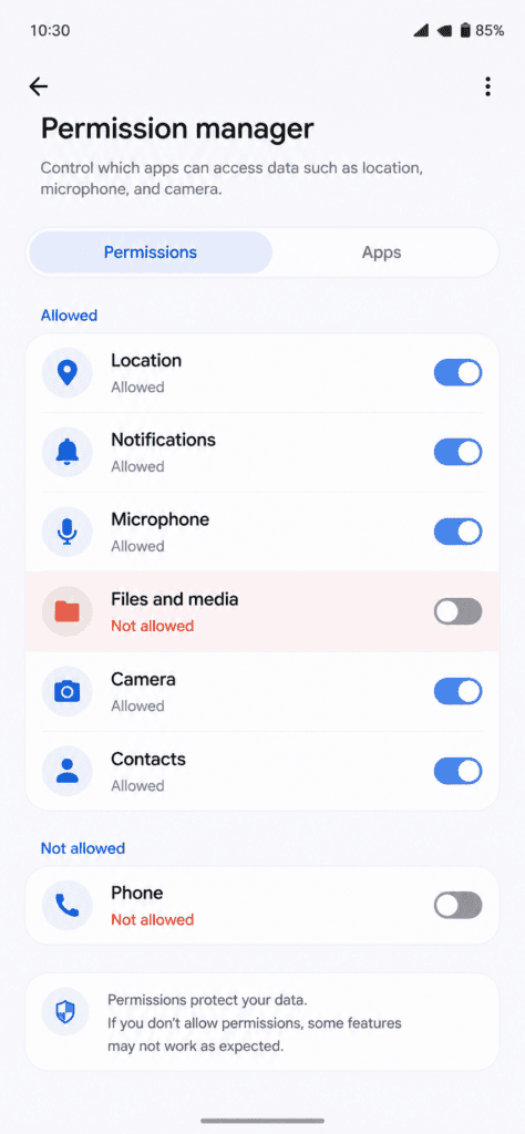 Resetting app permissions to fix Android 16 crash issue