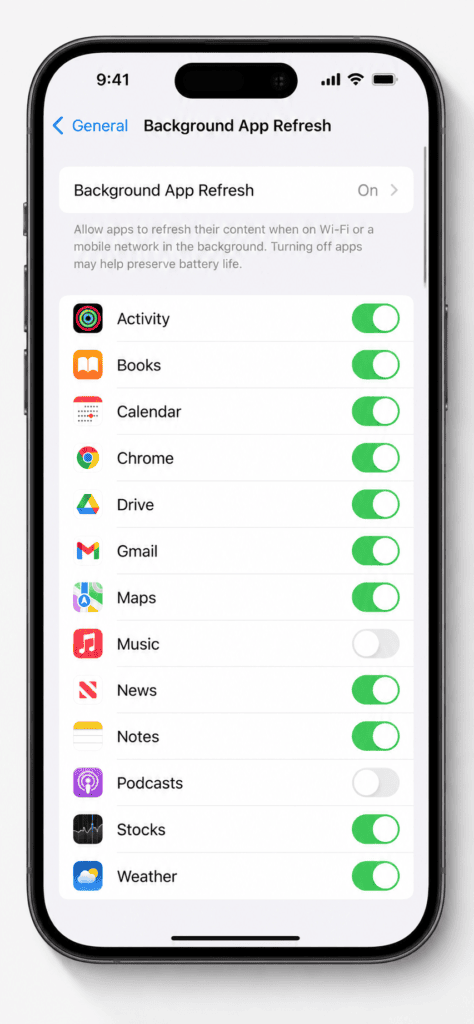 Settings General Background App Refresh toggle screen iOS 26