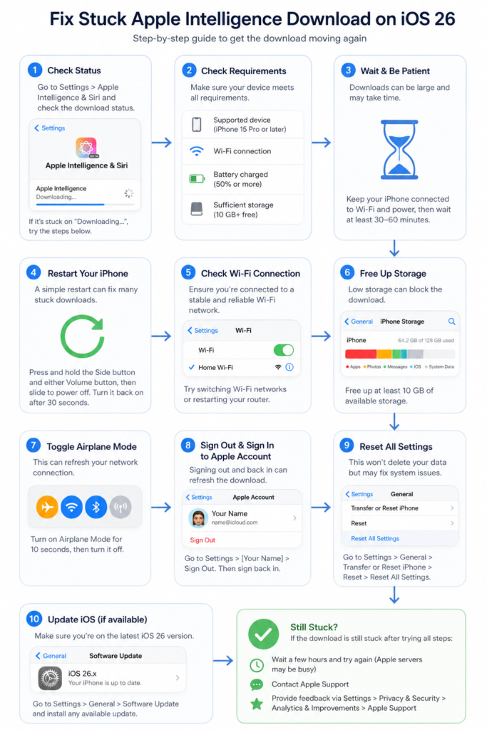 Step-by-step flowchart for fixing stuck Apple Intelligence download on iOS 26
