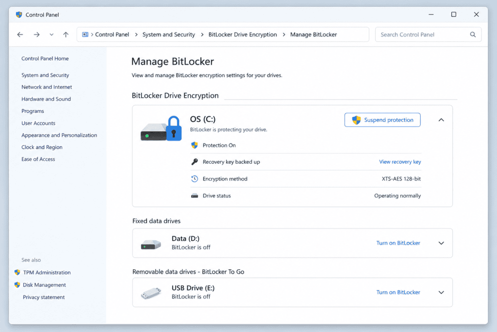 Suspending BitLocker protection in Windows 11 settings panel
