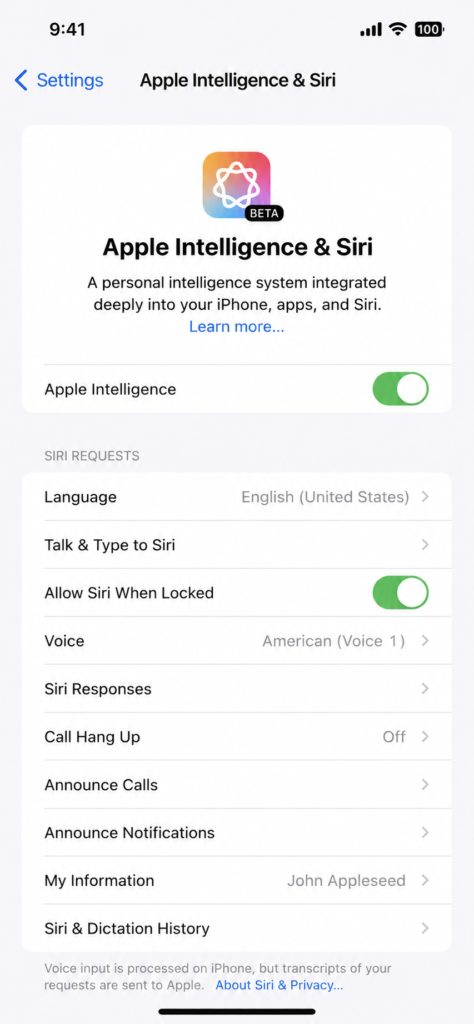Toggling Apple Intelligence off and on in iPhone Settings