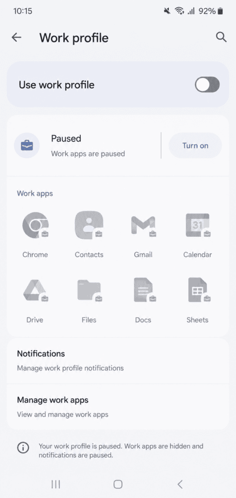 Turning off Work Profile in Android 17 settings to restore widgets