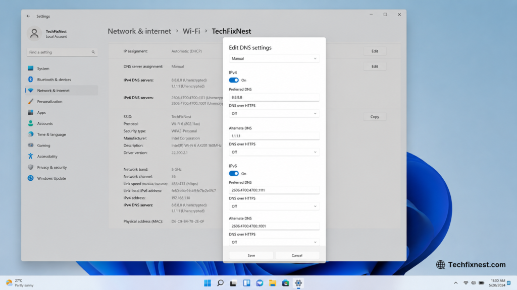 Windows network settings showing manual DNS server entry