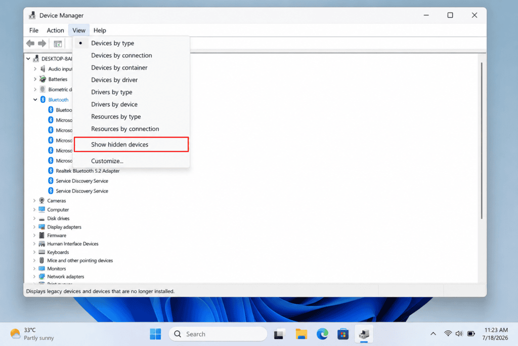Show hidden devices option in Windows 11 Device Manager for Bluetooth fix