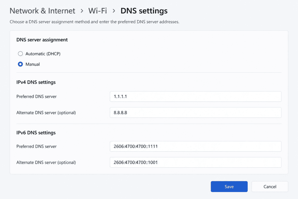 Changing DNS server settings for faster browsing