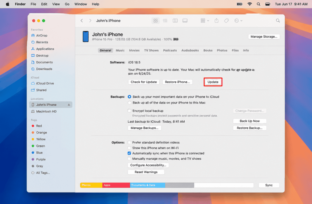 Updating iPhone through Finder on Mac after stuck iOS 26 update