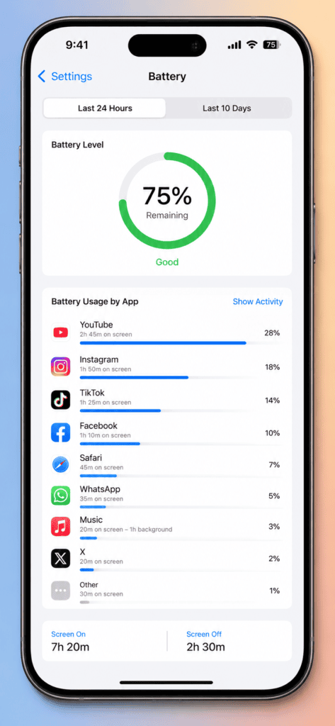 iPhone Settings Battery usage by app 24 hours iOS 26