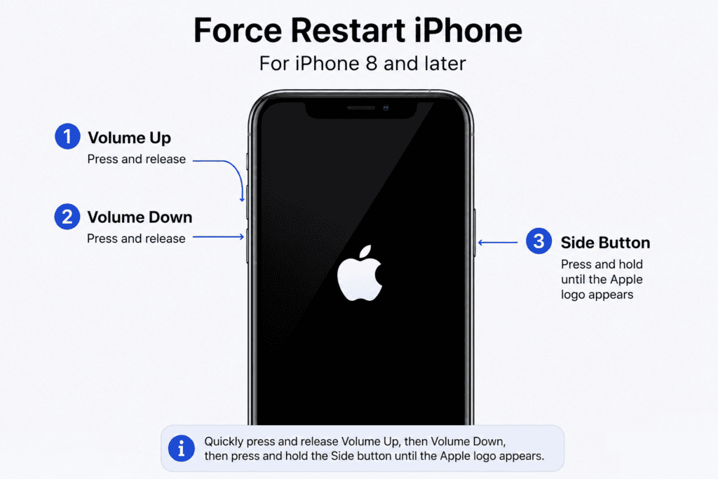 Force restart button sequence for iPhone stuck on Preparing Update