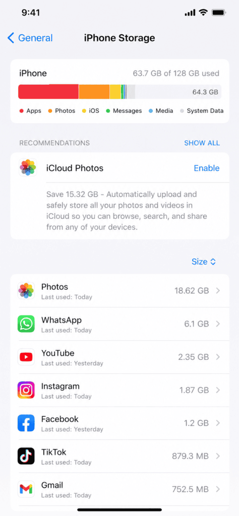 Checking iPhone storage space before installing iOS 26 update
