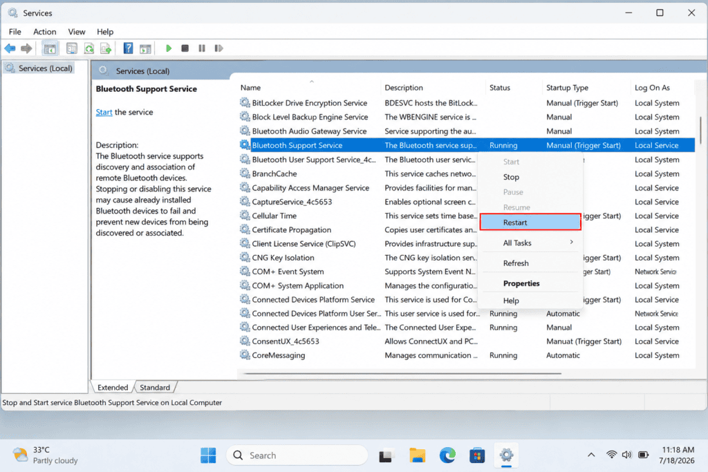 Restarting Bluetooth Support Service in Windows 11