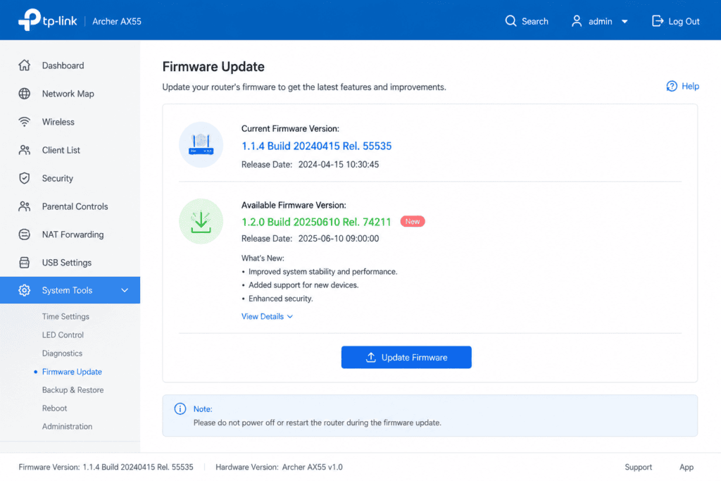 Router firmware update screen in admin settings