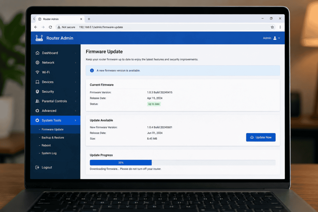 Router firmware update screen shown in admin dashboard