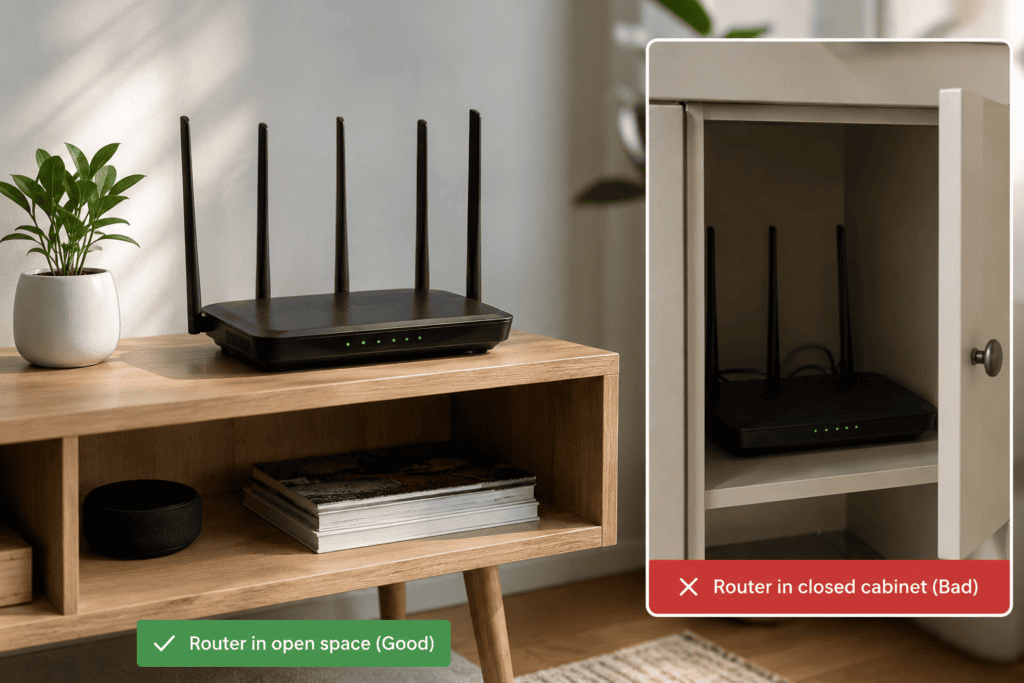 Properly ventilated router placement to prevent overheating