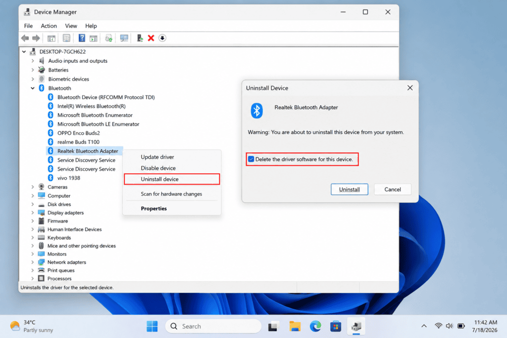 Uninstalling Bluetooth driver in Windows 11 Device Manager