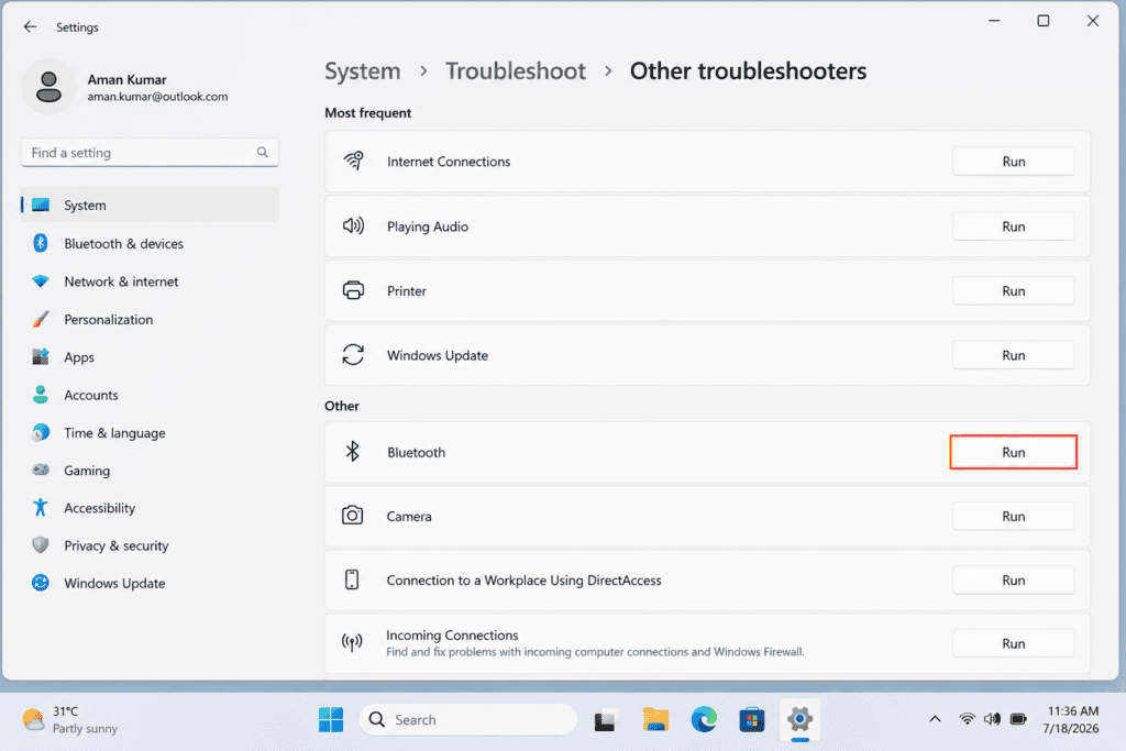 Running Bluetooth troubleshooter in Windows 11 Settings