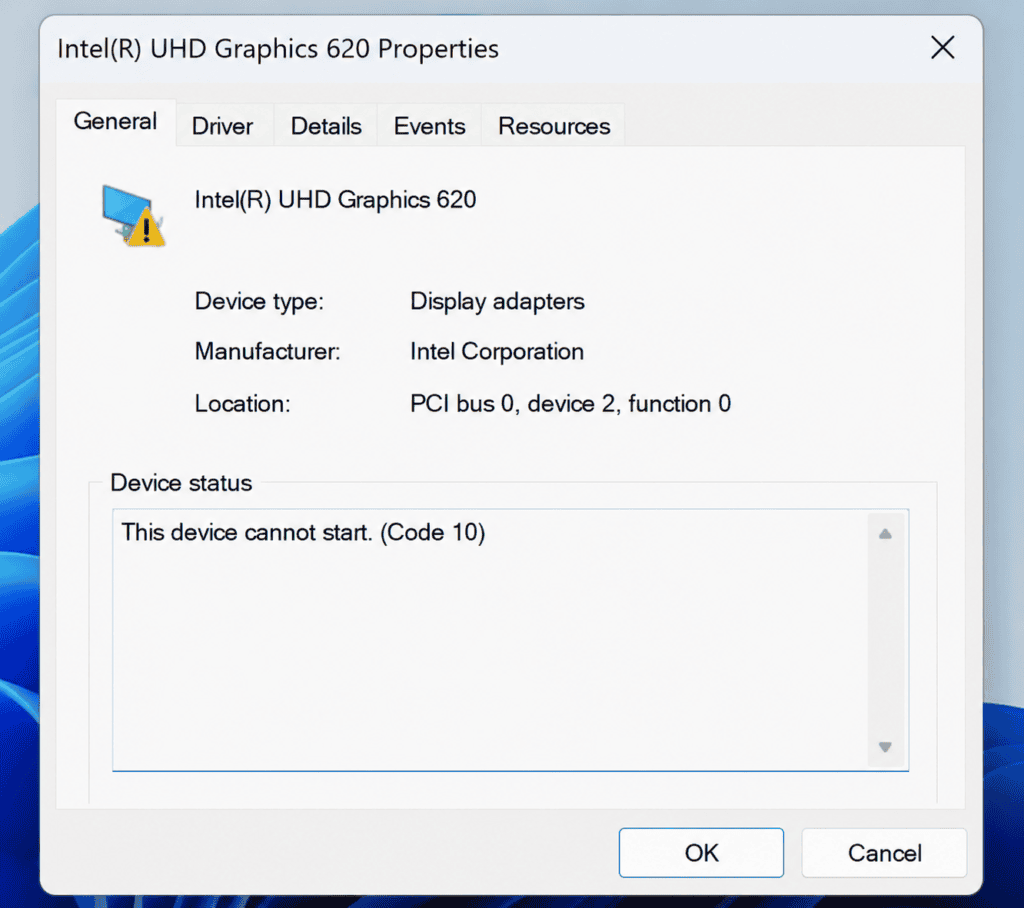 Device Properties dialog showing Code 10 error message in Device status field