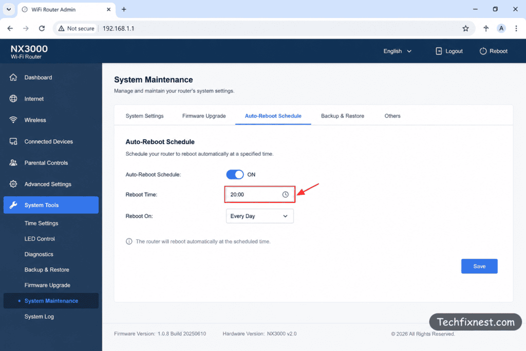 Router admin panel showing auto-reboot schedule causing daily WiFi drop