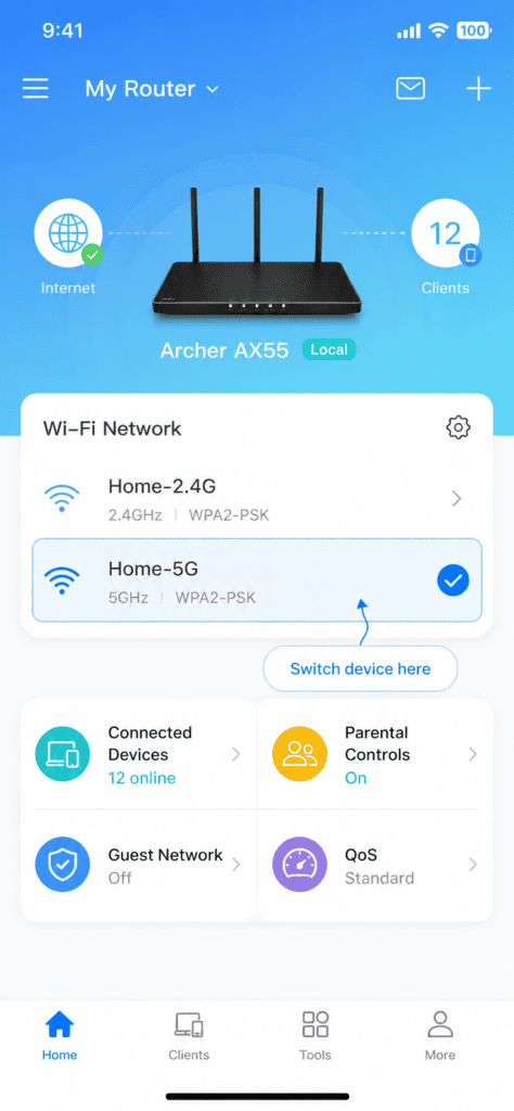 Switching device from 2.4GHz to 5GHz band to avoid interference