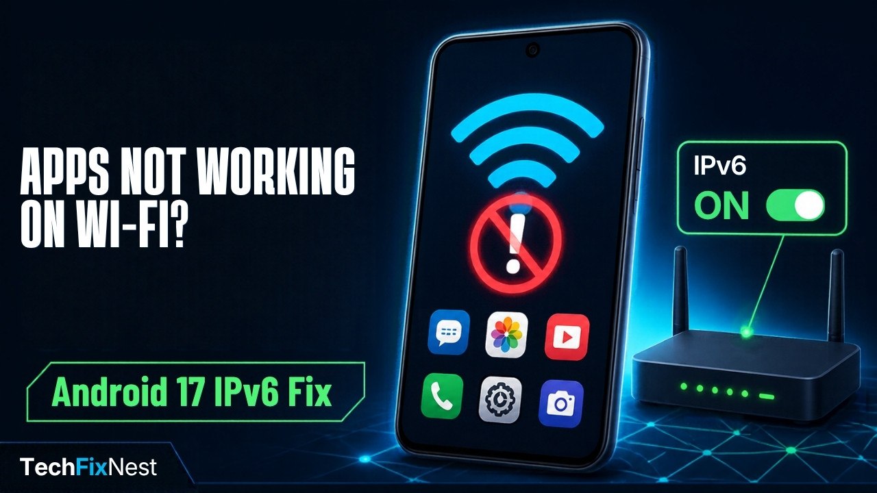 Android phone showing full Wi-Fi bars with a no-internet warning on app icons, next to a router with IPv6 toggle